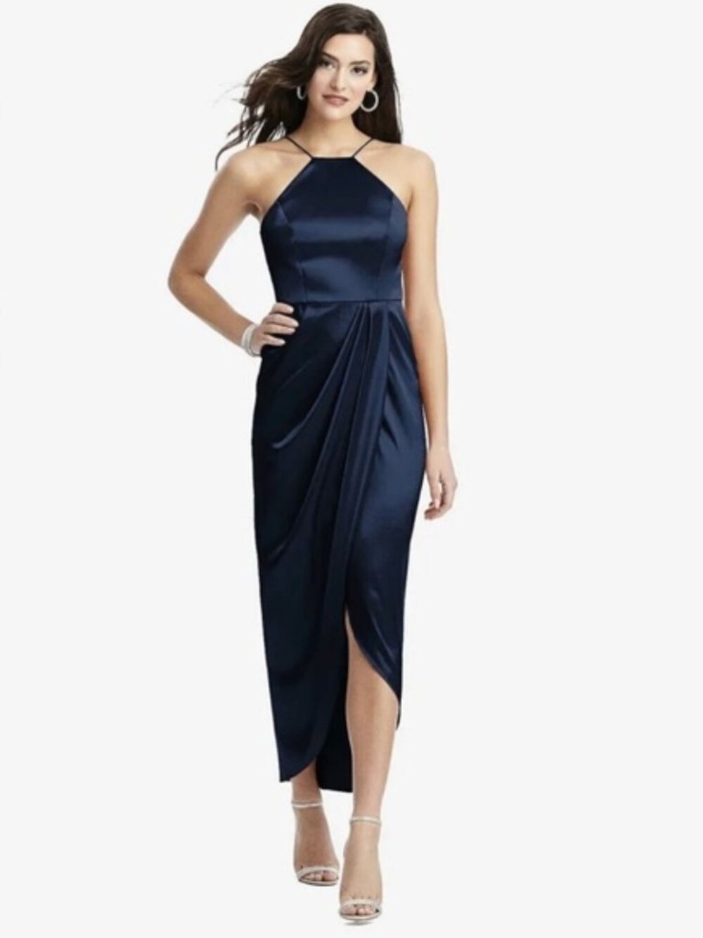 After Six Midnight Blue Satin Halter Midi Dress Size 14 Tulip Skirt-NWT